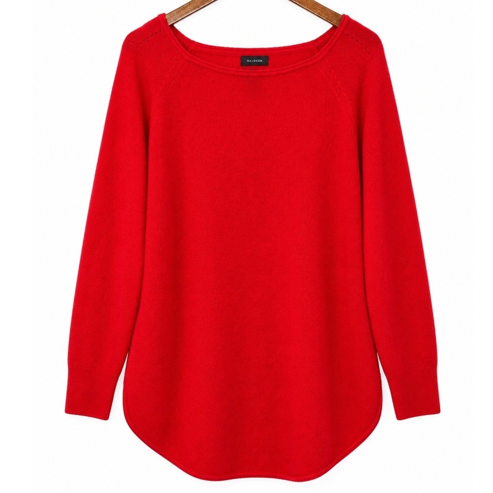 Halogen Wool Cashmere Sweater Women XL Red Boat Neck Oversized Tunic Long Sleeve